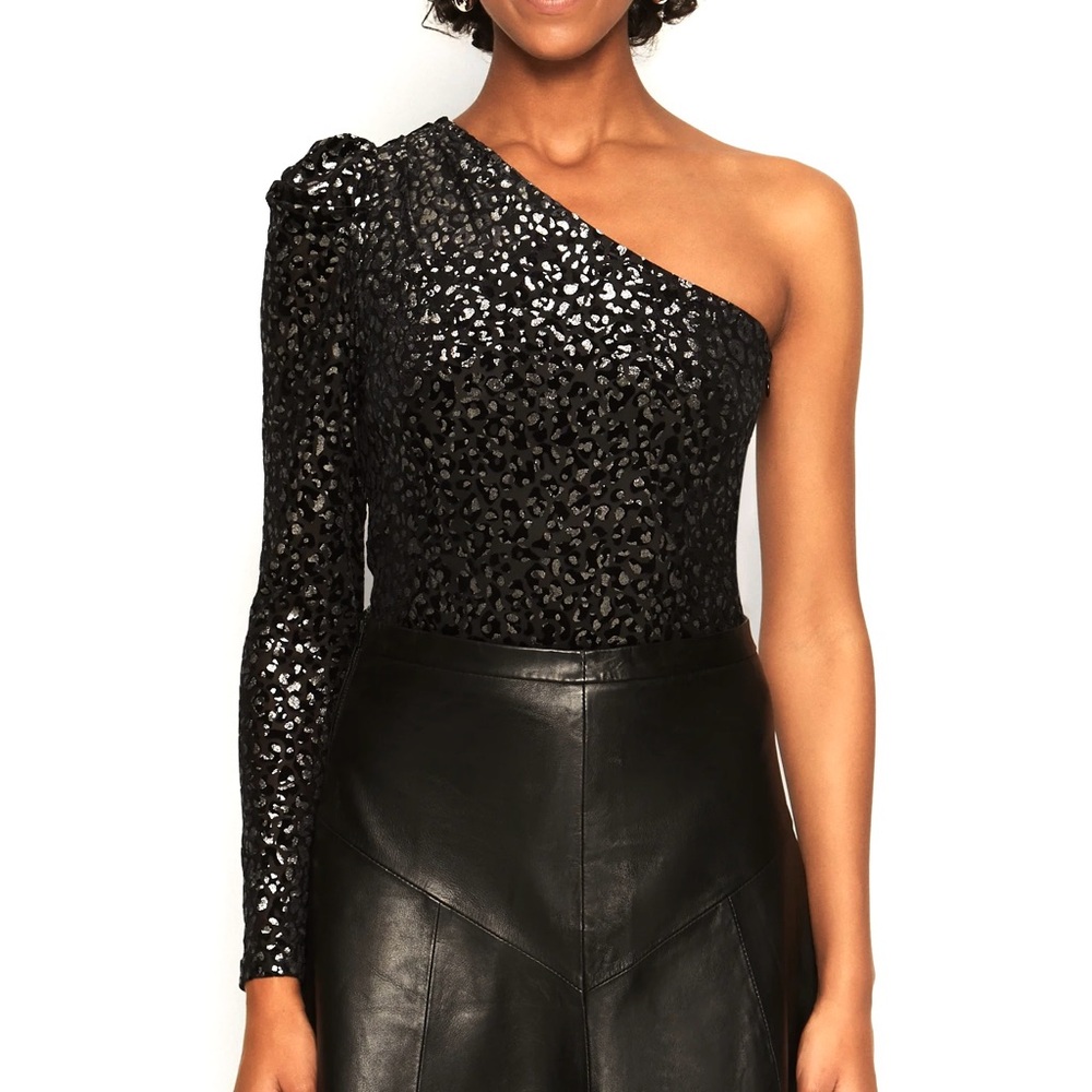 NEW ALLSAINTS BLACK ANIMAL PRINT ONE-SHOULDER BODYSUIT